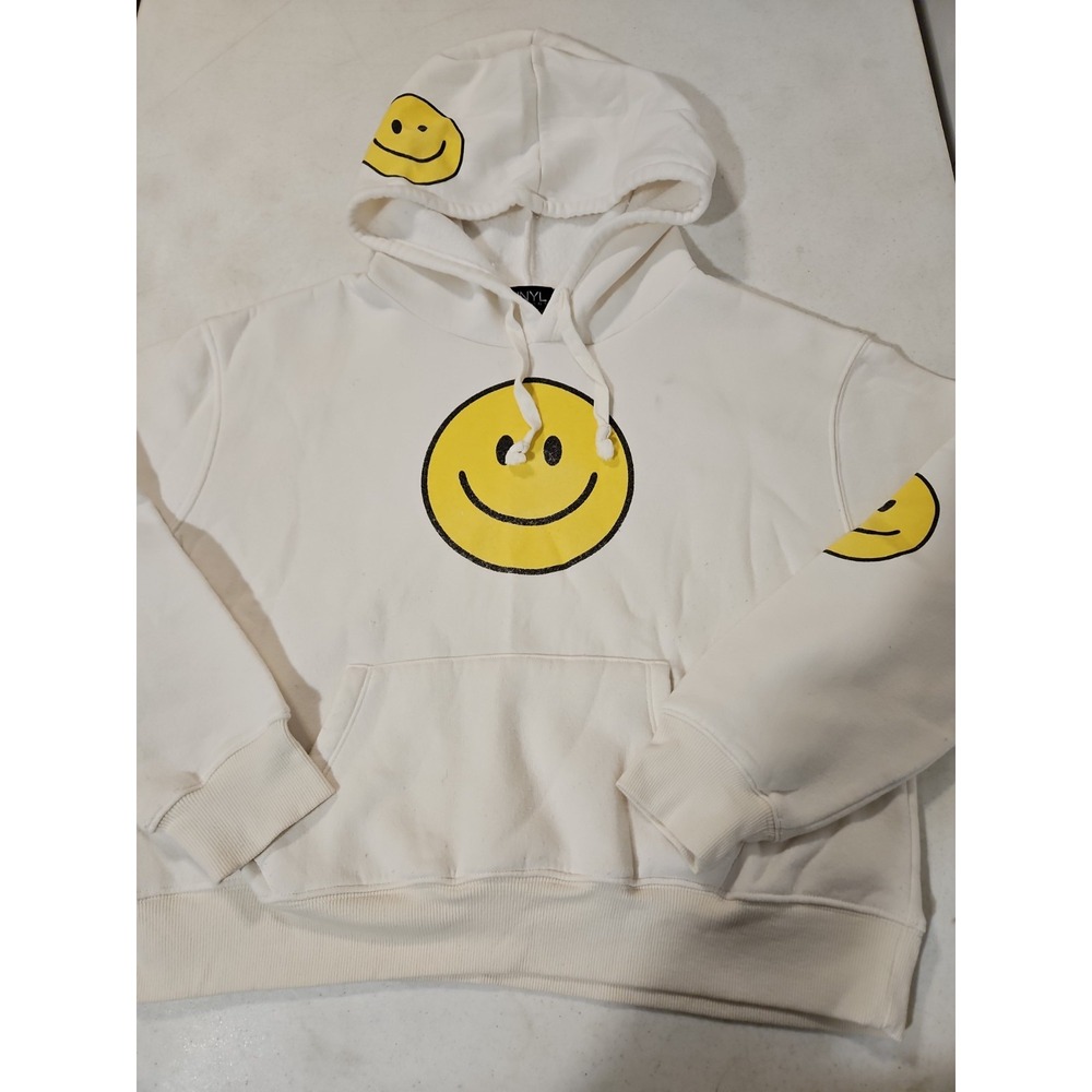Vinyl Icons Smiley Hoodie Womens XL Off White Cropped Hooded Sweater (1195
